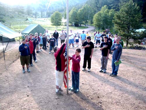 In the morning, we raised the colors at our campsite.