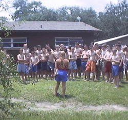 The troop undergoes the swimming test, a fun thing in the 97 degree heat.